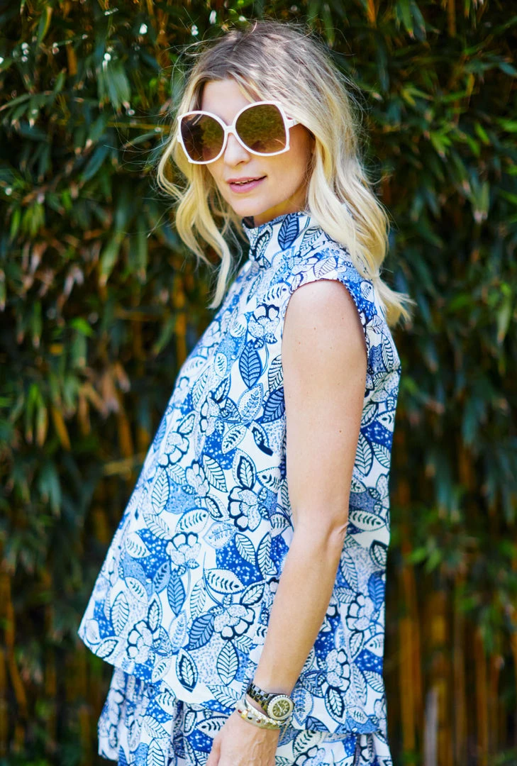 BURU White Label Tops Sleeveless Mod Top - Blue Leaves 4 BURU White Label Tops Sleeveless Mod Top - Blue Leaves