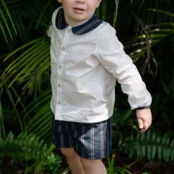 BURU Pink Label Clothing Nat Note Children's Peter Pan Collar Shirt - White Poplin & Pinstripe - Final Sale