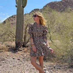 BURU White Label Tops Peplum Puff Sleeve Button Down - Tan Cheetah - Final Sale