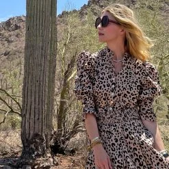 BURU White Label Tops Peplum Puff Sleeve Button Down - Tan Cheetah - Final Sale