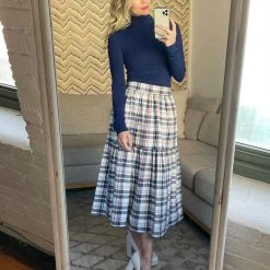 BURU Pink Label Nat Note Reversible Tiered Skirt - Navy Plaid & Oxford Pinstripe Bottoms