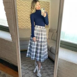 BURU Pink Label Nat Note Reversible Tiered Skirt - Navy Plaid & Oxford Pinstripe Bottoms