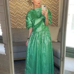 BURU White Label Cropped Button Sleeve Blouse - Green & Silver Pinstripe