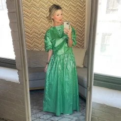 BURU White Label Cropped Button Sleeve Blouse - Green & Silver Pinstripe