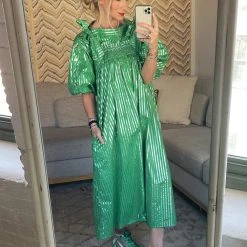 BURU White Label Cropped Button Sleeve Blouse - Green & Silver Pinstripe