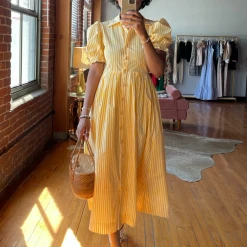 BURU Pink Label Clothing BURU X TSCS Puff Sleeve Shirtdress - Yellow & White Stripe