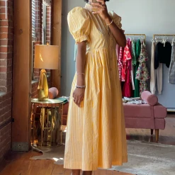 BURU Pink Label Clothing BURU X TSCS Puff Sleeve Shirtdress - Yellow & White Stripe