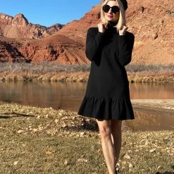 BURU White Label Clothing Side Zip Turtleneck Dress MINI - Black