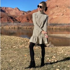 BURU White Label Clothing Side Zip Turtleneck Dress MINI - Ivory Stripe