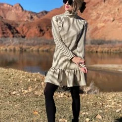 BURU White Label Clothing Side Zip Turtleneck Dress MINI - Ivory Stripe