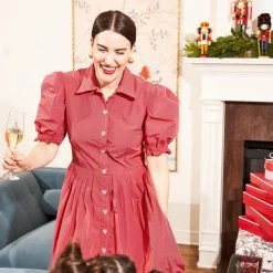 BURU Pink Label BURU X VAL Puff Sleeve Shirtdress - Red Taffeta