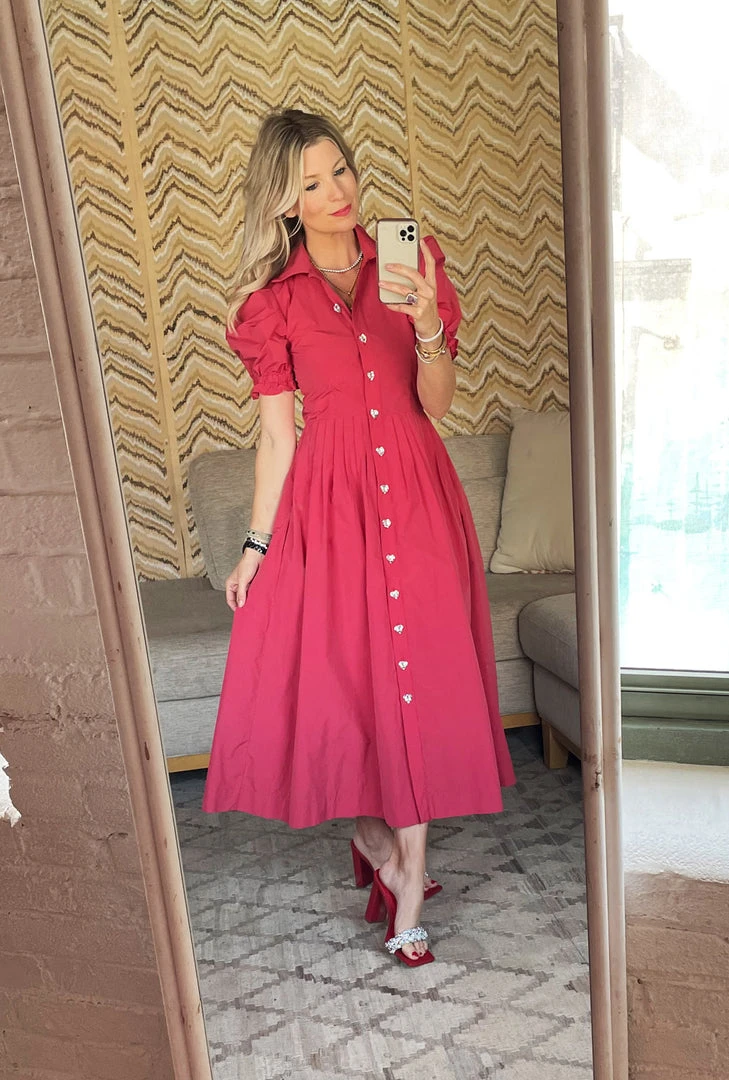 BURU Pink Label BURU X VAL Puff Sleeve Shirtdress - Red Taffeta 5 BURU Pink Label BURU X VAL Puff Sleeve Shirtdress - Red Taffeta
