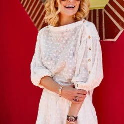 BURU White Label Button Sleeve Blouse - White Eyelet - Final Sale Clothing