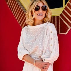 BURU White Label Button Sleeve Blouse - White Eyelet - Final Sale Clothing